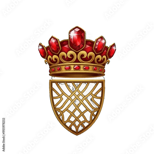 Golden shield with red jewel encrusted crown emblem.