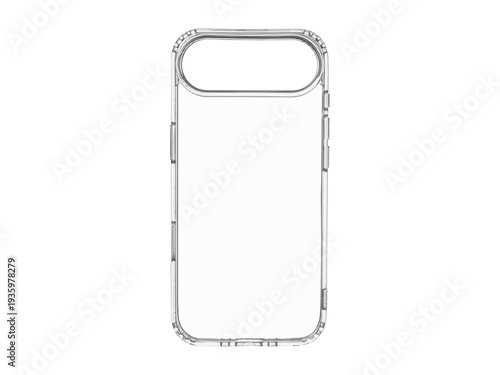 Protective transparent silicone cover for mobile phone. Slim crystal clear case mockup isolated on white background. Durable shockproof back cover accessory for smartphone.