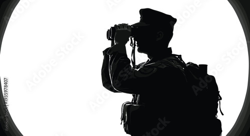 Hiker silhouette looking through binoculars traveler explorer adventure tourism vector illustration outdoor scouting person isolated on white background