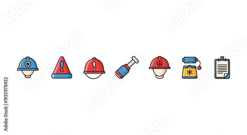 A colorful row of safety icons including helmets warnings and tools in a flat design silhouette high quality professional detailed modern