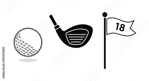 A stark depiction of golf equipment a ball club and flag presented in a minimalist silhouette high quality professional