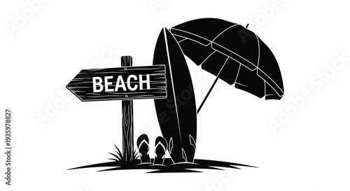 A black silhouette depicts a beach scene with a sign umbrella and sandals evoking summer vacation vibes silhouette high quality professional