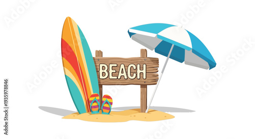A colorful beach scene with surfboards a beach chair sandals and an umbrella depicted as a silhouette high quality professional detailed