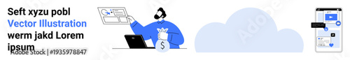 Financial technology, cloud computing, digital economy, online payment, remote access, digital data. Person managing finances on laptop and cloud-based systems. Financial technology and cloud