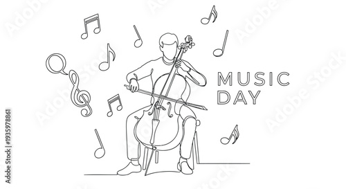 Vector illustration of a man playing cello on Music Day with musical notes