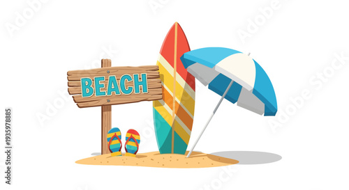 A vibrant beach scene featuring a surfboard sign umbrella and flip flops in a flat vector silhouette high quality professional detailed modern