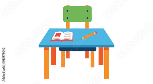A brightly colored school desk with an open book pencil and chair presented as a flat silhouette high quality professional detailed