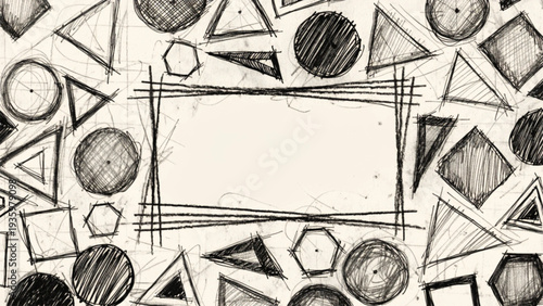 A banner that appears to be a page from an architect's or geometry student's sketchbook. Various geometric shapes—circles, triangles, squares, and hexagons—are drawn with pencil and ink