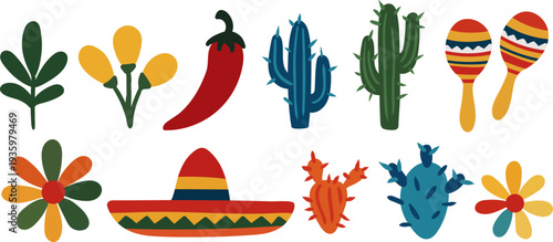 traditional colorful mexico icons collection with hand drawn floral elements and cultural objects for fiesta design