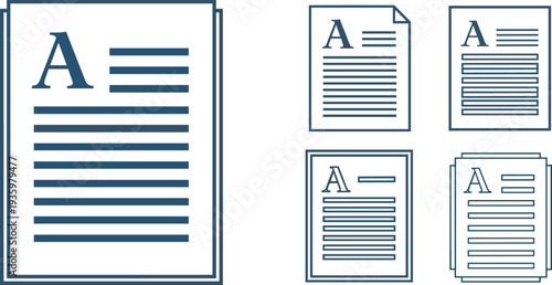 Document file line icon set with text layout symbols, minimal outline vector illustration for office paperwork, article writing and documentation concept
