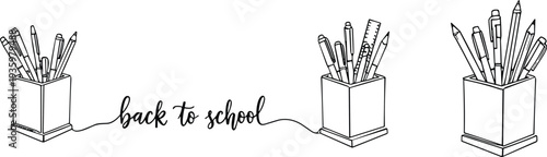 Back to School Hand Drawn Banner with Pencil Holder Stationery Sketch Illustration Education Concept Minimal Line Art Vector