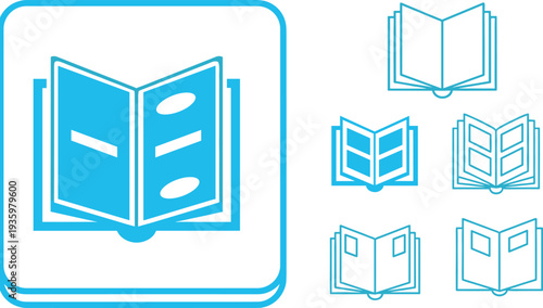 Open book icon collection in blue outline style for education learning reading library study concept vector illustration set