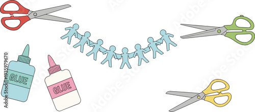Paper chain kids craft with scissors and glue bottles colorful school DIY art supplies vector illustration isolated on white background