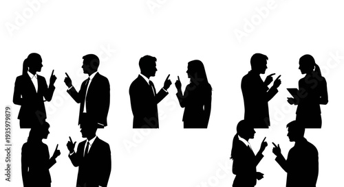 Black silhouette illustration of businesspeople standing and collaborating in a meeting against a clean white background with a professional mood.