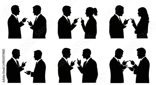 Black silhouette illustration of business people in various teamwork poses, conveying collaboration and communication in an office setting with a minimalist design style.