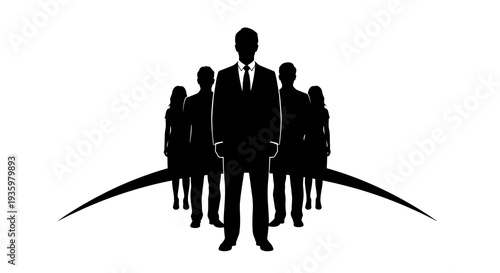 Black silhouette illustration of a business team standing together in a stylized, minimalist design with a world or globe element.