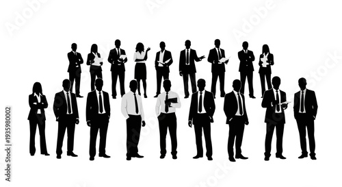 Black silhouette illustration of a diverse group of business professionals standing together in a collaborative meeting setting against a clean white background.