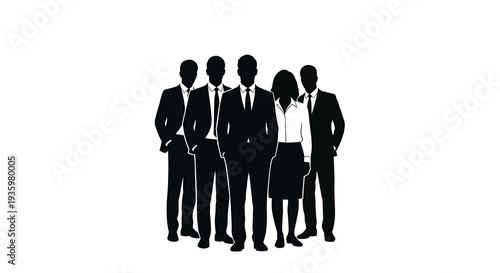 Black silhouette illustration of a diverse business team standing together in a professional setting against a clean white background.