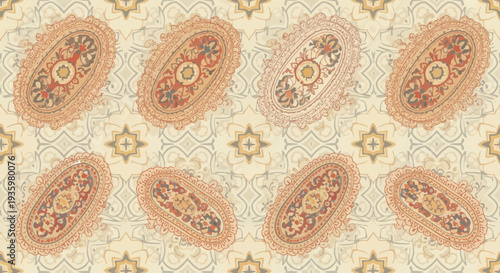 Vintage Persian Carpet Pattern with Oval Medallions and Geometric Background