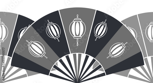 Traditional Asian Fan with Lanterns, Chinese New Year, Festival Celebration