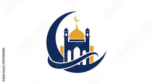 Islamic Mosque and Crescent Moon Logo on White Background