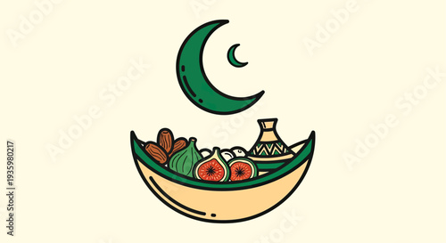 Ramadan Iftar Food Basket with Crescent Moon and Star Icon, Healthy Fruits