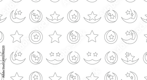Seamless pattern of minimalist crescent moon and star icons on a white background.