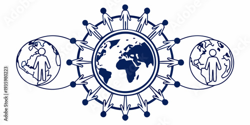 Stylized human figures holding hands form a united ring around the Earth globe, representing global community, social connection, and international cooperation.