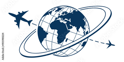 An airplane arcs around a dark blue globe with a distinct orbital ring, symbolizing international travel, global reach, and aviation routes.