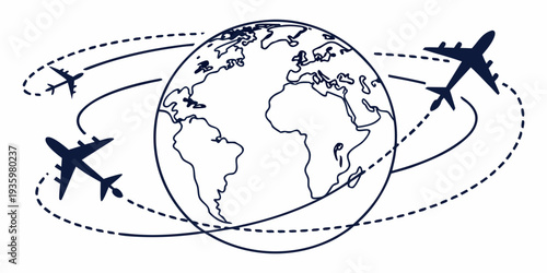 Airplanes fly along dashed orbital paths around a line art globe, depicting global travel, international logistics, and worldwide connectivity.