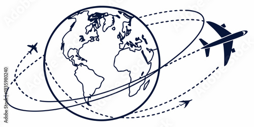 World globe is encircled by two airplanes following interconnected dotted and solid flight paths, illustrating global routes and aviation logistics.