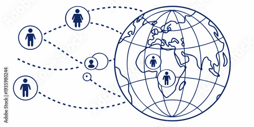 People icons are interconnected by dotted lines to a world globe, representing global social networking and communication across continents.