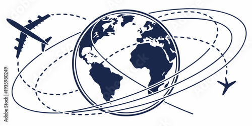 Airplanes traverse the globe along various flight paths, symbolizing international travel and global connectivity and movement of goods.
