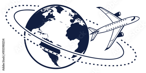 Detailed passenger aircraft circles a simplified world map on an entirely dotted orbital path, signifying extensive worldwide air travel connections.