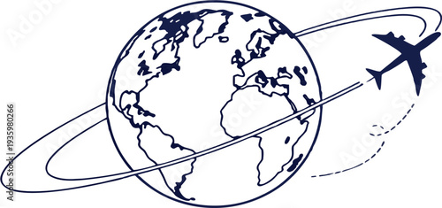 A passenger airplane follows an elliptical flight trajectory around the planet Earth, with a dotted line indicating its path behind the globe.