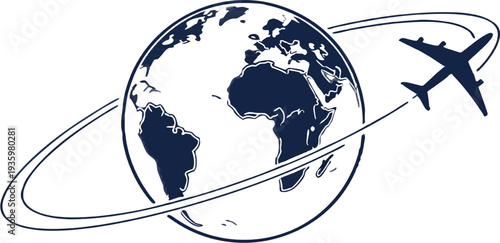 An airplane flies a continuous solid orbital path around a simplified world globe, symbolizing global travel and international connections.