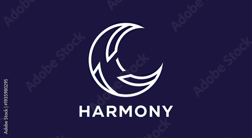 Modern abstract moon logo with 'HARMONY' text on dark blue background