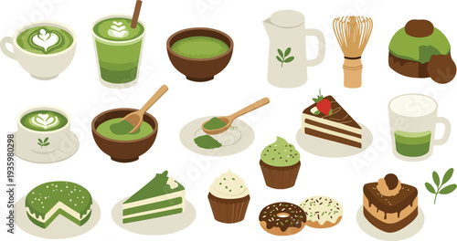 Assorted green tea desserts and drinks on white background