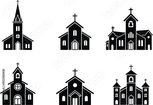 Christian church building silhouette icon set with crosses, cathedral chapel architecture collection isolated religious temple vector illustration design