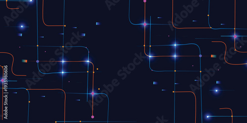 Futuristic Neon Data Network Background with Glowing Nodes and Connected Lines, Abstract Digital Technology Grid on Dark Blue Backdrop