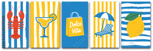 Dolce vita summer poster set, hand drawn beach themed illustrations featuring summer vacation elements for coastal lifestyle travel and seasonal design.