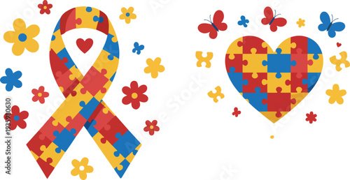 Autism awareness ribbon and heart puzzle pieces symbol