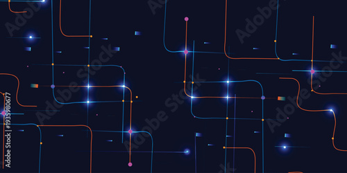Futuristic Neon Data Network Background with Glowing Nodes and Connected Lines, Abstract Digital Technology Grid on Dark Blue Backdrop