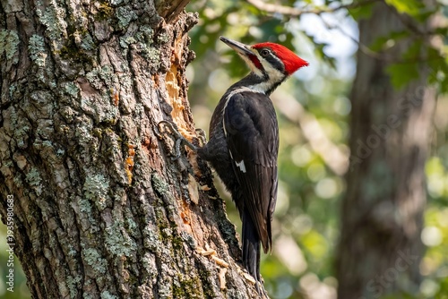 Canvas-taulu Pileated Woodpecker on a Tree Trunk Foraging for Insects in a Sunny Forest