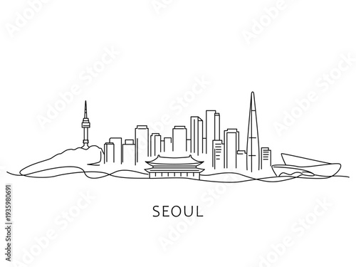A minimalist black and white vector illustration depicting a cityscape featuring downtown Seoul, South Korea. Flat vector illustration isolated on a white background.