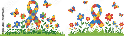 Colorful mosaic letters a and p in a garden with flowers and butterflies