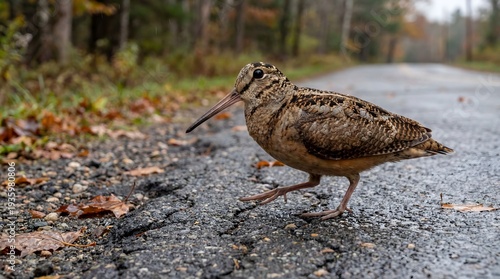 Konstfotografi American Woodcock Bird Walking Across a Rural Asphalt Road in Autumn