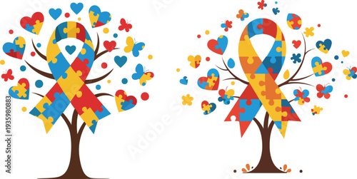 Two trees with colorful hearts and bird taking flight