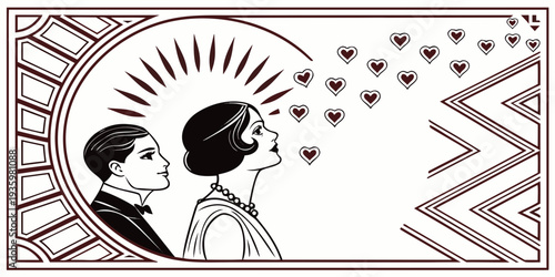 Art Deco illustration of a romantic couple with floating hearts in a stylized frame, vector