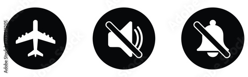 Airplane flight mode, mute speaker, and silent bell notification off icon set with long shadow effect, travel restriction, and smartphone sound control concept design.